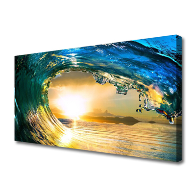 Canvas print Wave sea sunset nature blue yellow