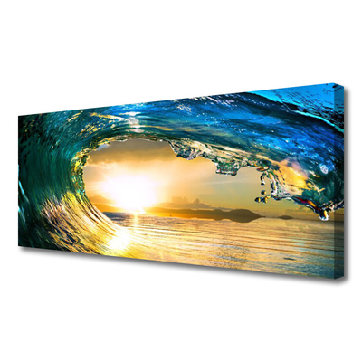 Canvas print Wave sea sunset nature blue yellow