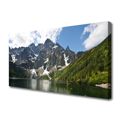 Canvas print Mountain lake forest landscape green blue white grey