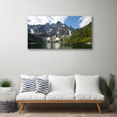 Canvas print Mountain lake forest landscape green blue white grey