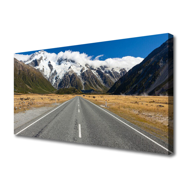 Canvas print Road mountains mountain snow landscape grey blue white brown