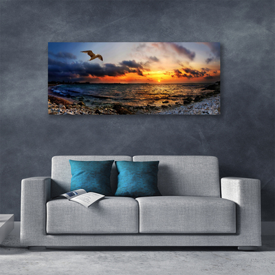Canvas print Seagull sea beach landscape blue orange red