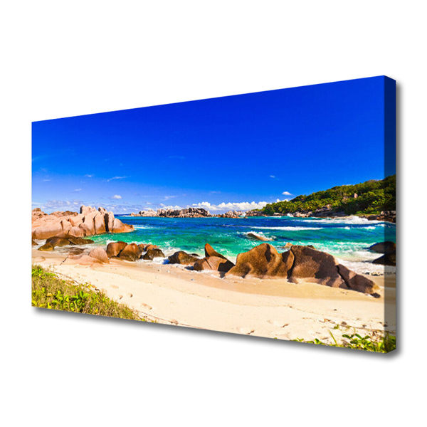 Canvas print Rocky beach sea landscape blue yellow green