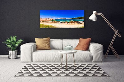 Canvas print Rocky beach sea landscape blue yellow green