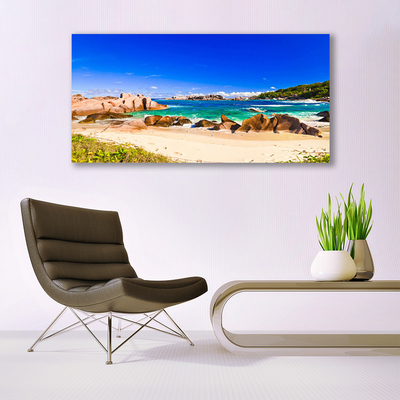 Canvas print Rocky beach sea landscape blue yellow green