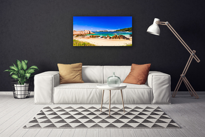 Canvas print Rocky beach sea landscape blue yellow green