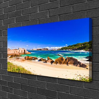 Canvas print Rocky beach sea landscape blue yellow green