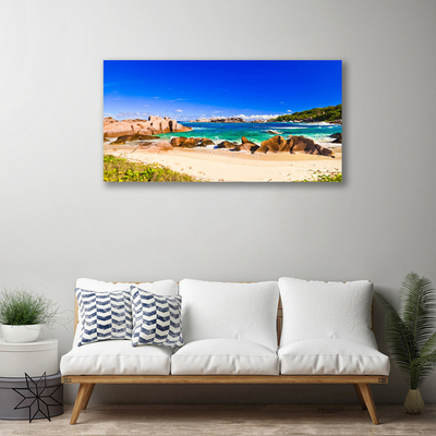 Canvas print Rocky beach sea landscape blue yellow green