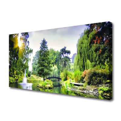 Canvas print Forest waterfall sun nature green yellow white
