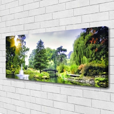 Canvas print Forest waterfall sun nature green yellow white
