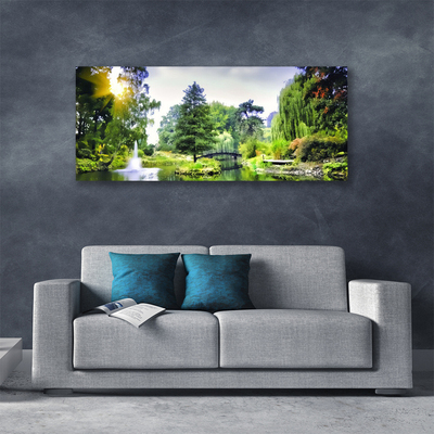 Canvas print Forest waterfall sun nature green yellow white