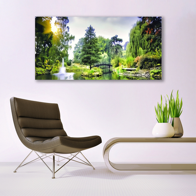 Canvas print Forest waterfall sun nature green yellow white
