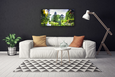 Canvas print Forest waterfall sun nature green yellow white