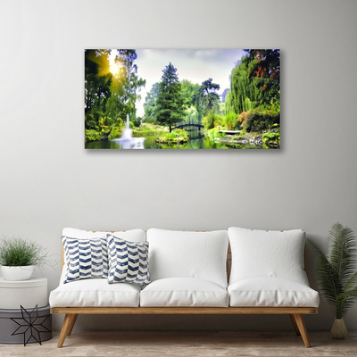 Canvas print Forest waterfall sun nature green yellow white