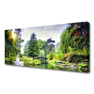 Canvas print Forest waterfall sun nature green yellow white