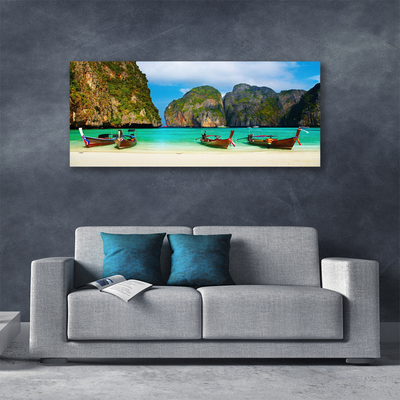Canvas print Beach sea mountains landscape green grey blue