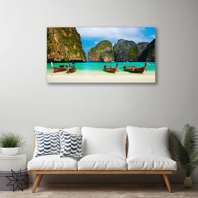 Canvas print Beach sea mountains landscape green grey blue
