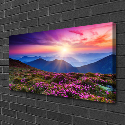 Canvas print Mountains meadow flowers landscape purple pink blue green