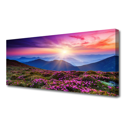 Canvas print Mountains meadow flowers landscape purple pink blue green