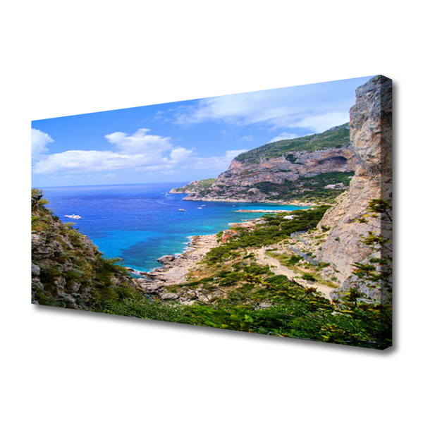 Canvas print Sea beach mountains landscape blue grey brown green