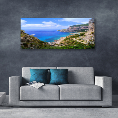 Canvas print Sea beach mountains landscape blue grey brown green