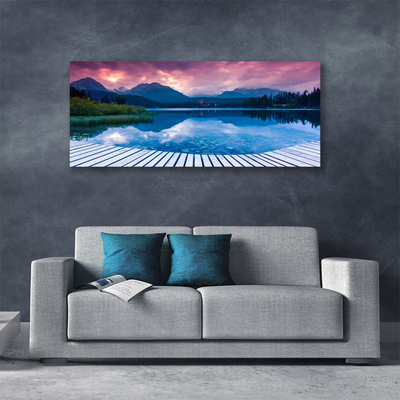 Canvas print Mountain lake landscape pink blue green