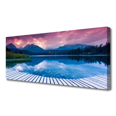 Canvas print Mountain lake landscape pink blue green