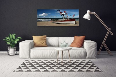 Canvas print Sea beach boat landscape blue red white brown