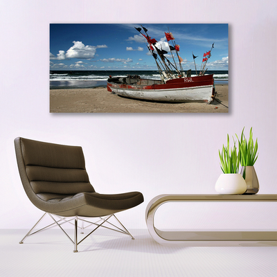 Canvas print Sea beach boat landscape blue red white brown