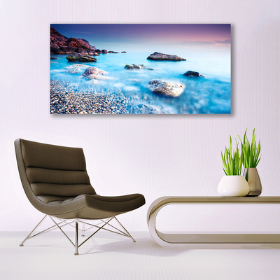 Canvas print Sea stones beach landscape blue grey pink