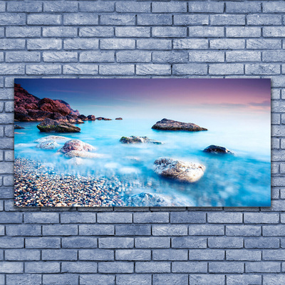 Canvas print Sea stones beach landscape blue grey pink