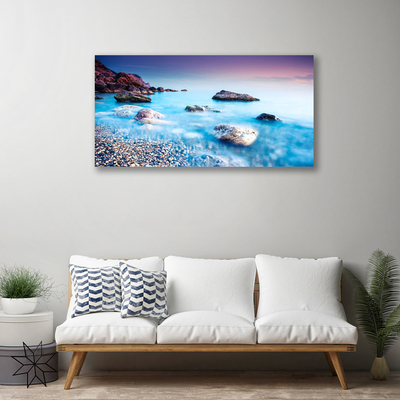Canvas print Sea stones beach landscape blue grey pink