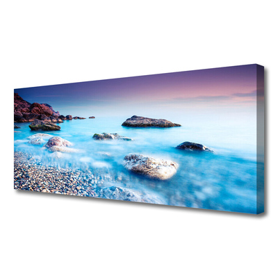Canvas print Sea stones beach landscape blue grey pink