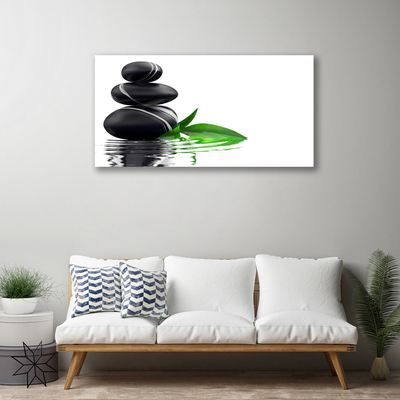 Canvas print Stones leaves water art black green white