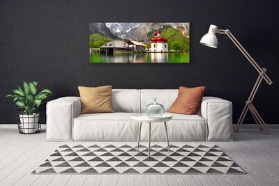 Canvas print Mountain tree home landscape grey green red brown