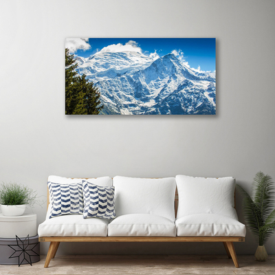 Canvas print Mountain tree landscape blue white green