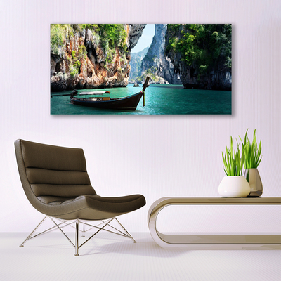 Canvas print Boat lake rocks landscape blue brown green