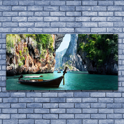 Canvas print Boat lake rocks landscape blue brown green