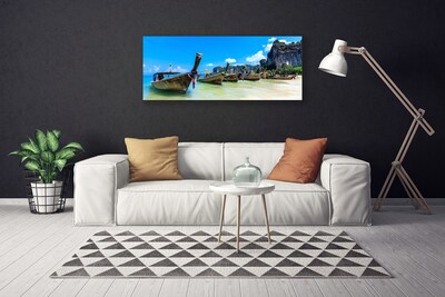 Canvas print Boats sea beach landscape blue grey