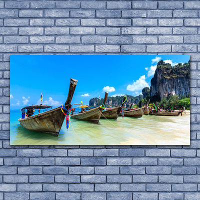 Canvas print Boats sea beach landscape blue grey