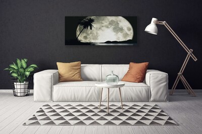 Canvas print Night moon palm landscape black grey white