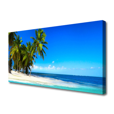 Canvas print Palm trees beach sea landscape white green blue