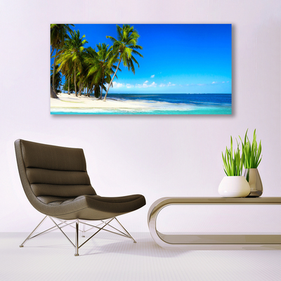 Canvas print Palm trees beach sea landscape white green blue