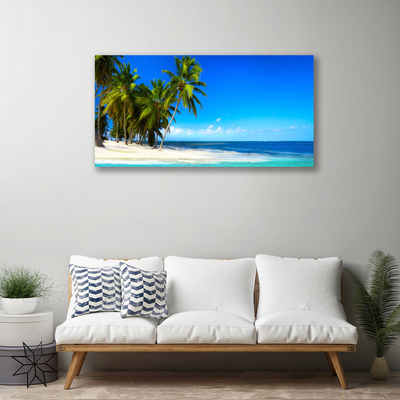 Canvas print Palm trees beach sea landscape white green blue