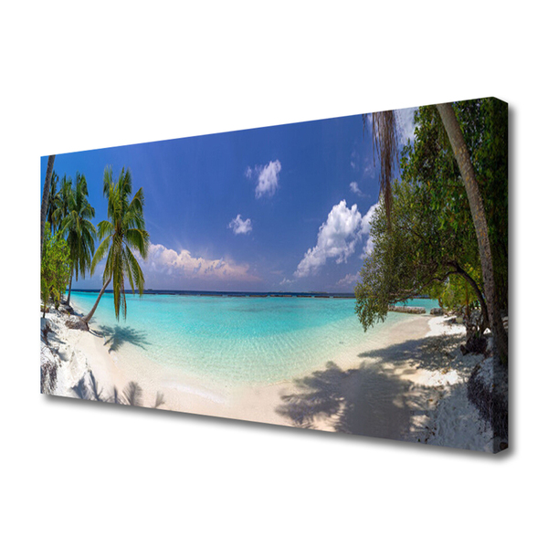 Canvas print Sea beach palm trees landscape white blue green brown