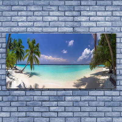 Canvas print Sea beach palm trees landscape white blue green brown