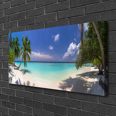 Canvas print Sea beach palm trees landscape white blue green brown