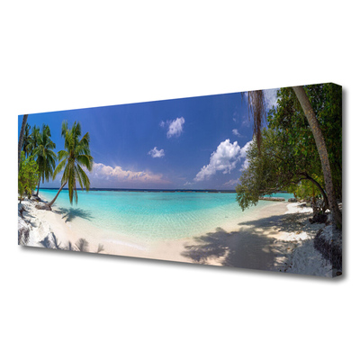 Canvas print Sea beach palm trees landscape white blue green brown