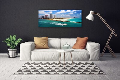Canvas print Sea beach town landscape blue brown grey