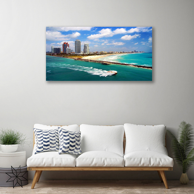 Canvas print Sea beach town landscape blue brown grey